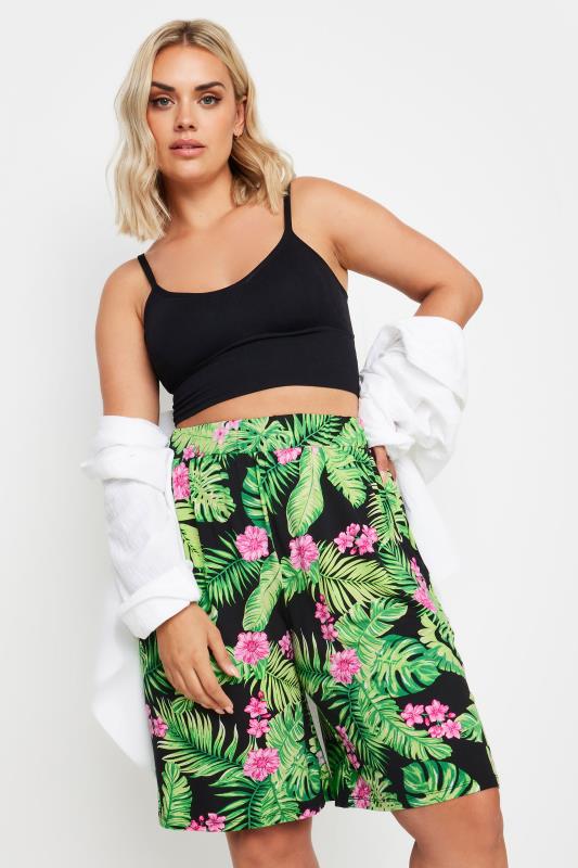 evans YOURS Curve Black Tropical Print Jersey Pull On Shorts
