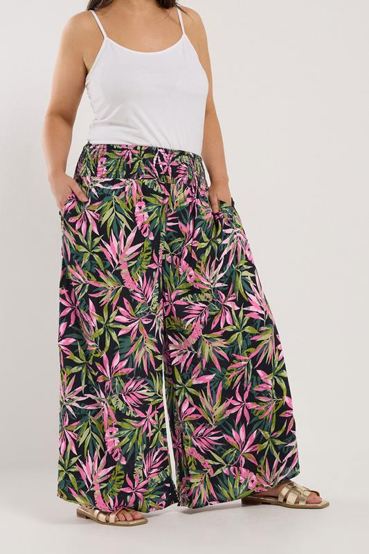 Evans YOURS Curve Black Tropical Print Shirred Wide Leg Trousers