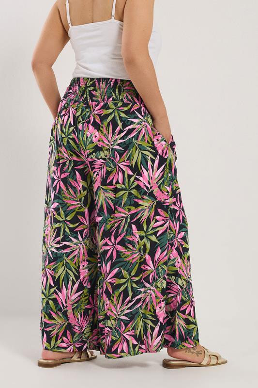 Evans YOURS Curve Black Tropical Print Shirred Wide Leg Trousers