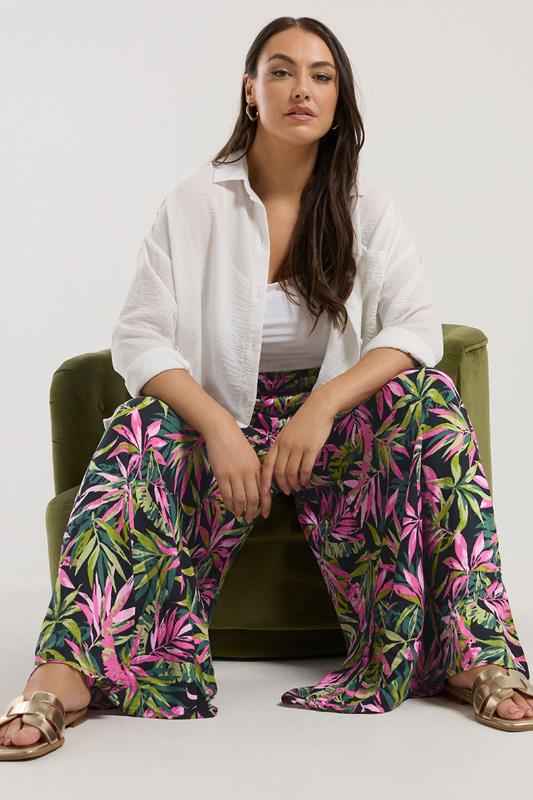 Evans YOURS Curve Black Tropical Print Shirred Wide Leg Trousers