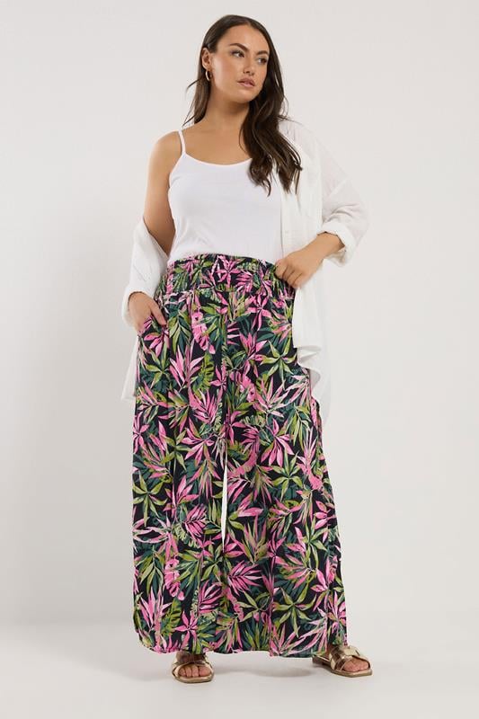 evans YOURS Curve Black Tropical Print Shirred Wide Leg Trousers