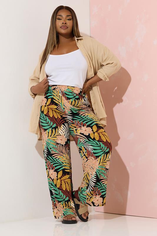 Evans YOURS Curve Black Tropical Print Wide Leg Trousers