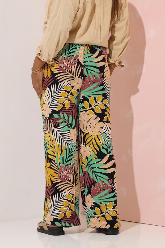 Evans YOURS Curve Black Tropical Print Wide Leg Trousers