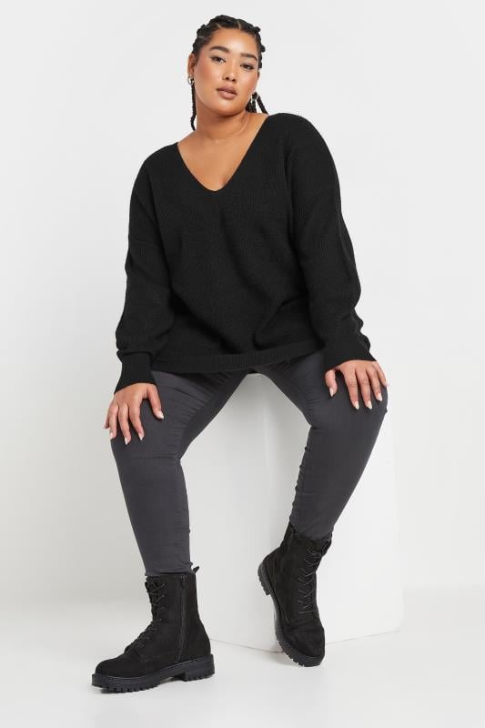 Evans YOURS Curve Black V-Neck Balloon Sleeve Jumper