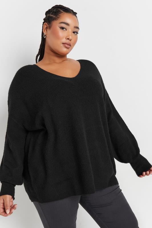 Evans YOURS Curve Black V-Neck Balloon Sleeve Jumper