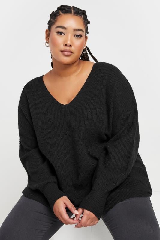 evans YOURS Curve Black V-Neck Balloon Sleeve Jumper