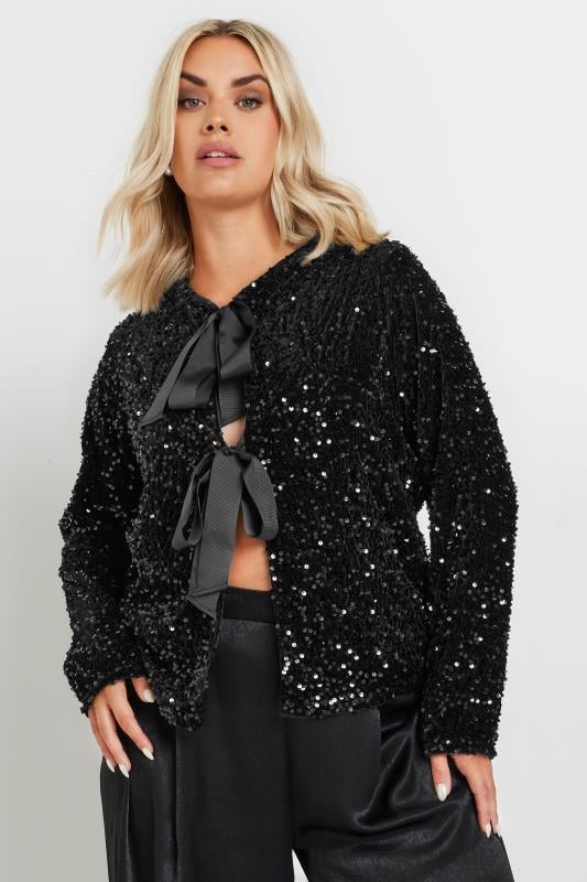 Evans YOURS Curve Black Velvet Bow Tie Front Sequin Jacket