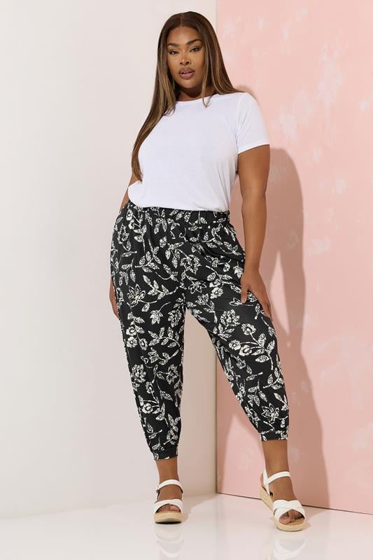 Evans YOURS Curve Black Vine Print Cropped Harem Trousers