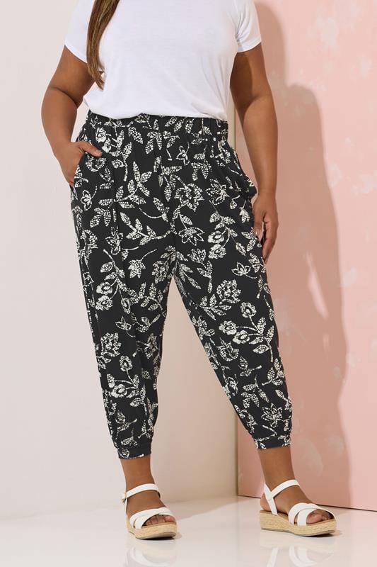evans YOURS Curve Black Vine Print Cropped Harem Trousers