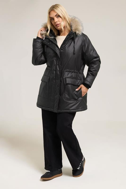 Evans YOURS Curve Black Waxed Faux Fur Trim Parka Coat