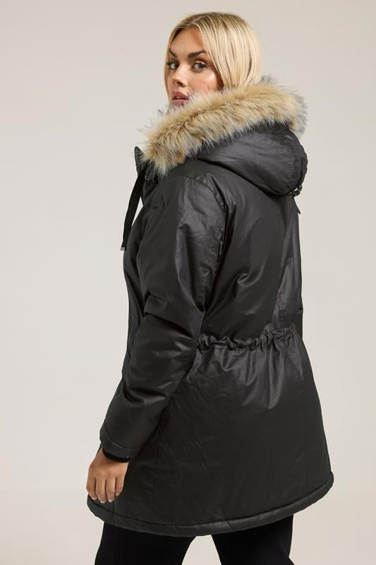 Evans YOURS Curve Black Waxed Faux Fur Trim Parka Coat