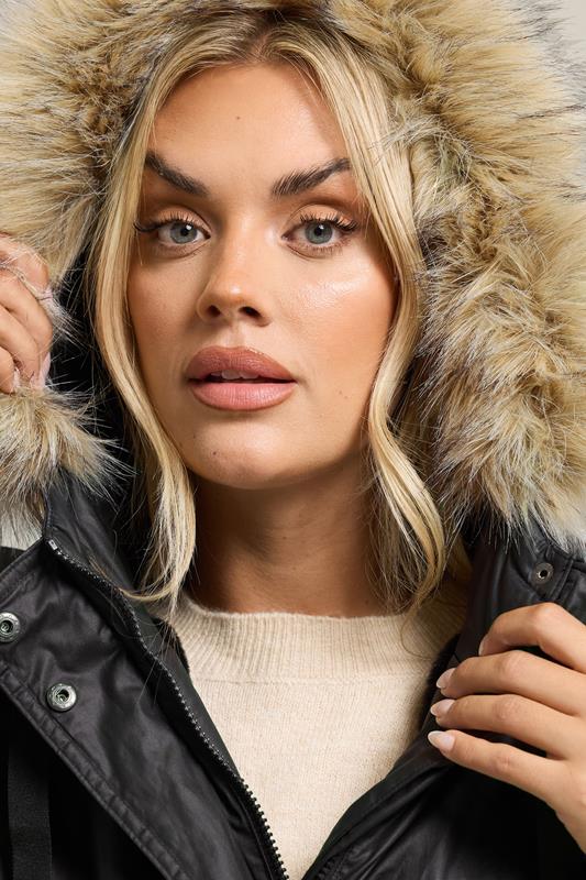Evans YOURS Curve Black Waxed Faux Fur Trim Parka Coat
