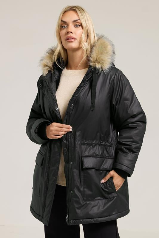 evans YOURS Curve Black Waxed Faux Fur Trim Parka Coat