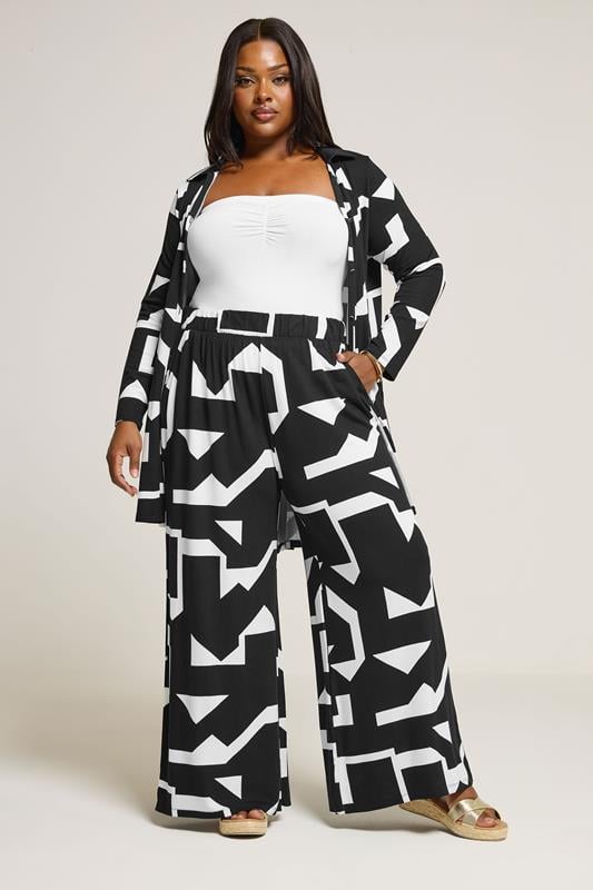 Evans YOURS Curve Black & White Abstract Wide Leg Trousers