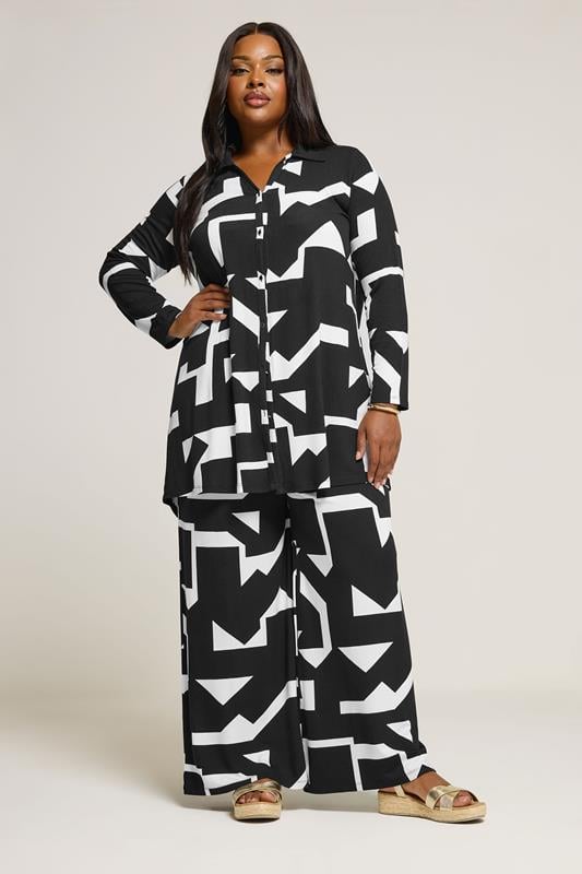 Evans YOURS Curve Black & White Abstract Wide Leg Trousers