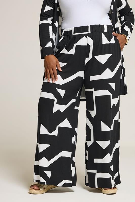 evans YOURS Curve Black & White Abstract Wide Leg Trousers