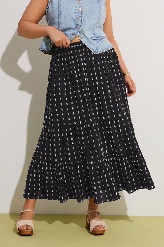 Evans YOURS Curve Black & White Dobby Tiered Maxi Skirt