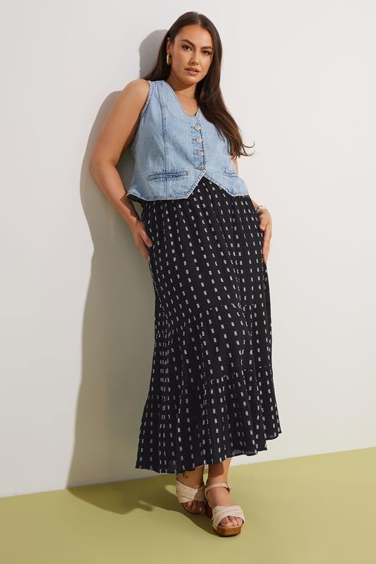 evans YOURS Curve Black & White Dobby Tiered Maxi Skirt