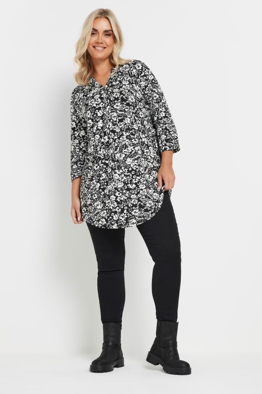Evans YOURS Curve Black & White Floral Print Jersey Shirt