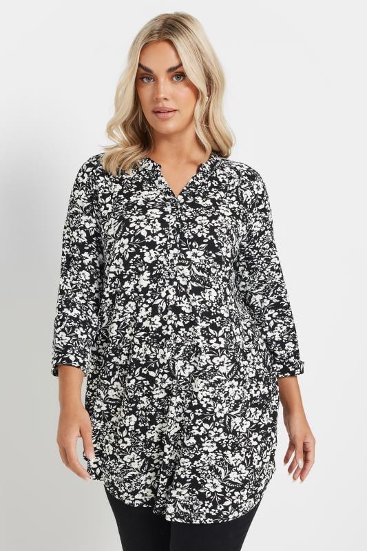 evans YOURS Curve Black & White Floral Print Jersey Shirt