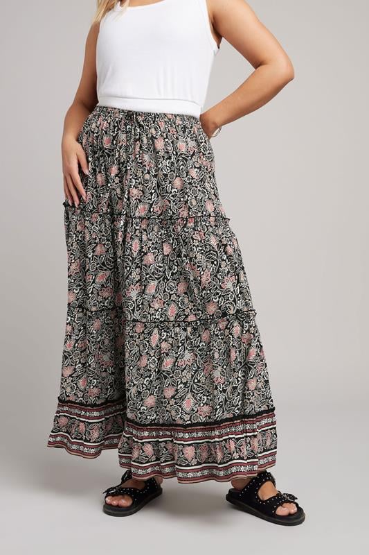 Evans YOURS Curve Black & White Floral Print Tiered Maxi Skirt