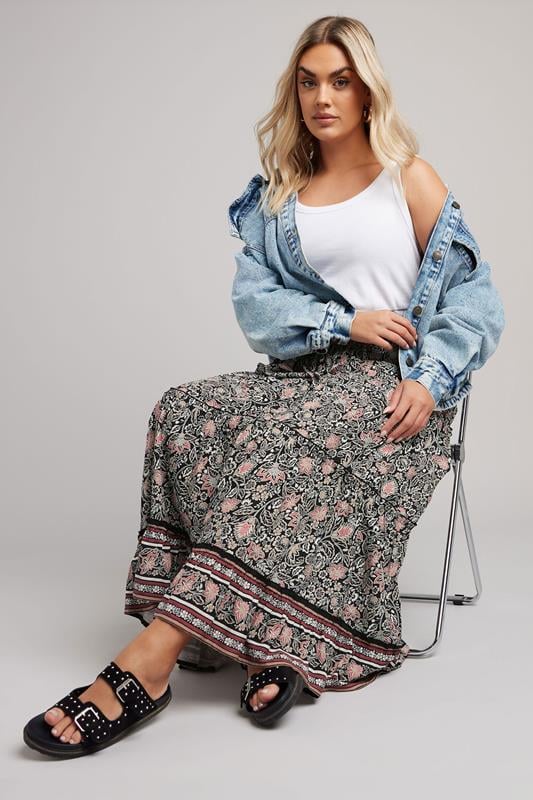 Evans YOURS Curve Black & White Floral Print Tiered Maxi Skirt