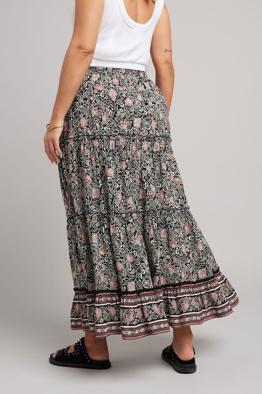 Evans YOURS Curve Black & White Floral Print Tiered Maxi Skirt