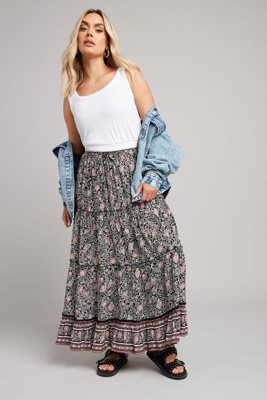 evans YOURS Curve Black & White Floral Print Tiered Maxi Skirt