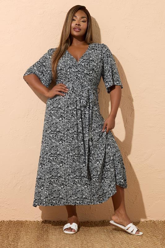 Evans YOURS Curve Black & White Floral Wrap Maxi Dress