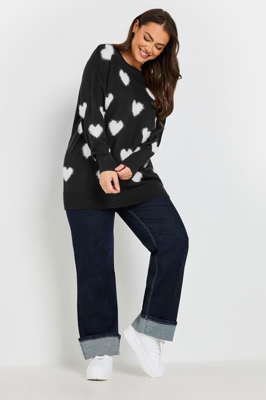 Evans YOURS Curve Black & White Fluffy Heart Print Jumper