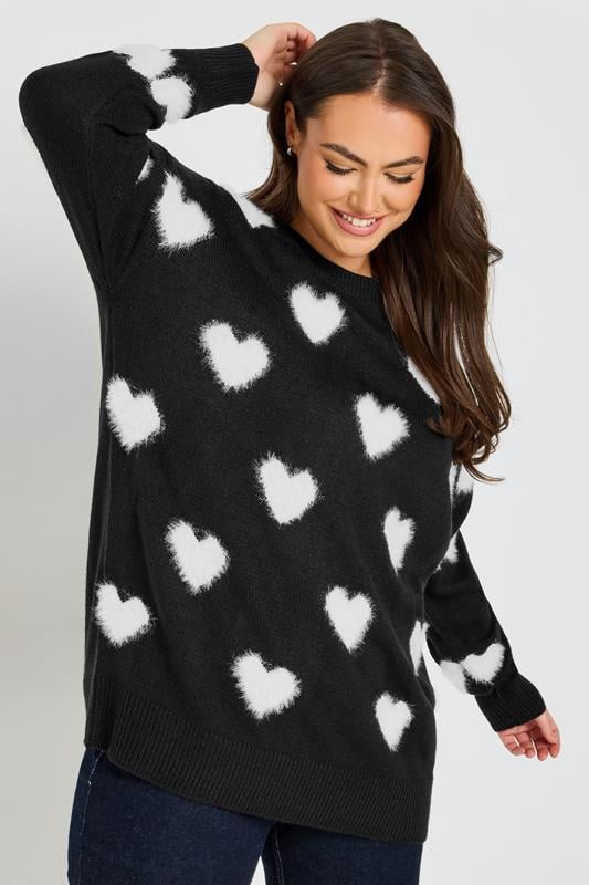 Evans YOURS Curve Black & White Fluffy Heart Print Jumper