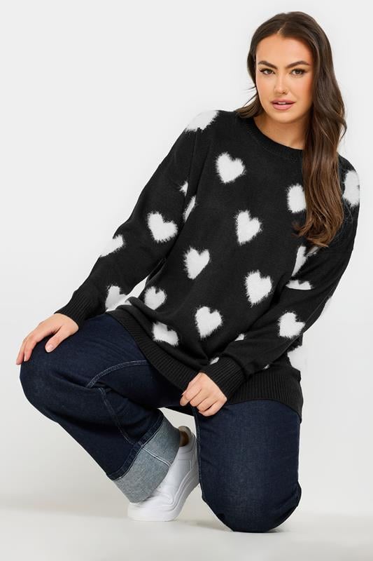 evans YOURS Curve Black & White Fluffy Heart Print Jumper