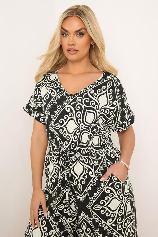Evans YOURS Curve Black & White Paisley Print Wide Leg Jumpsuit