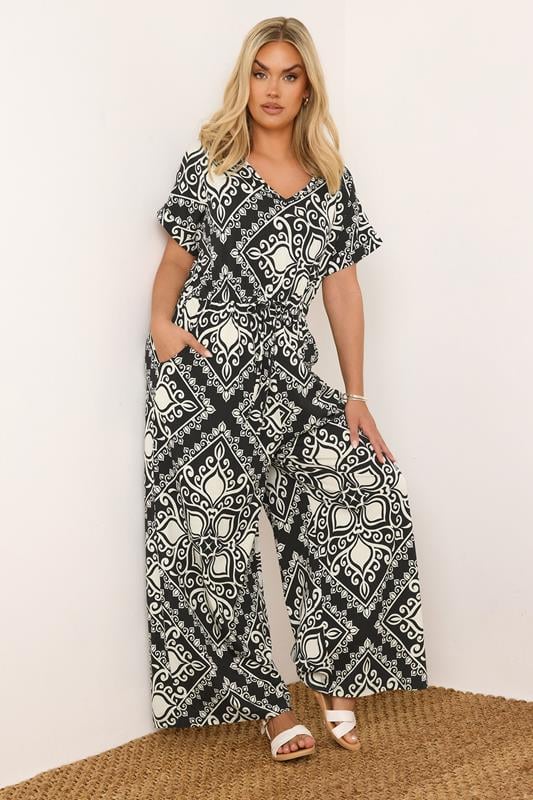evans YOURS Curve Black & White Paisley Print Wide Leg Jumpsuit