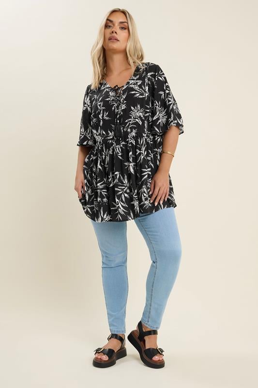 Evans YOURS Curve Black & White Palm Print Tie Neck Top