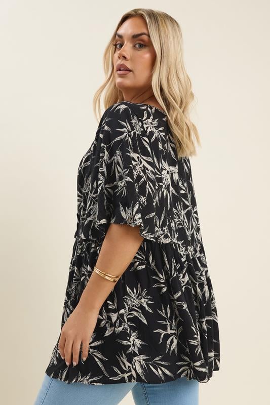 Evans YOURS Curve Black & White Palm Print Tie Neck Top