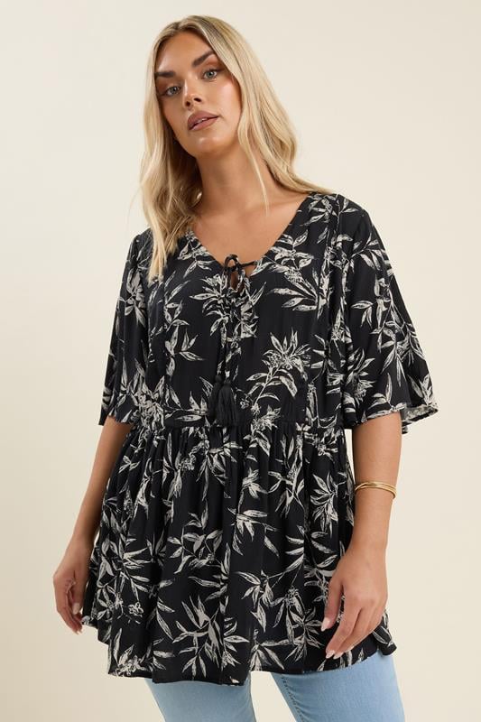 Evans YOURS Curve Black & White Palm Print Tie Neck Top