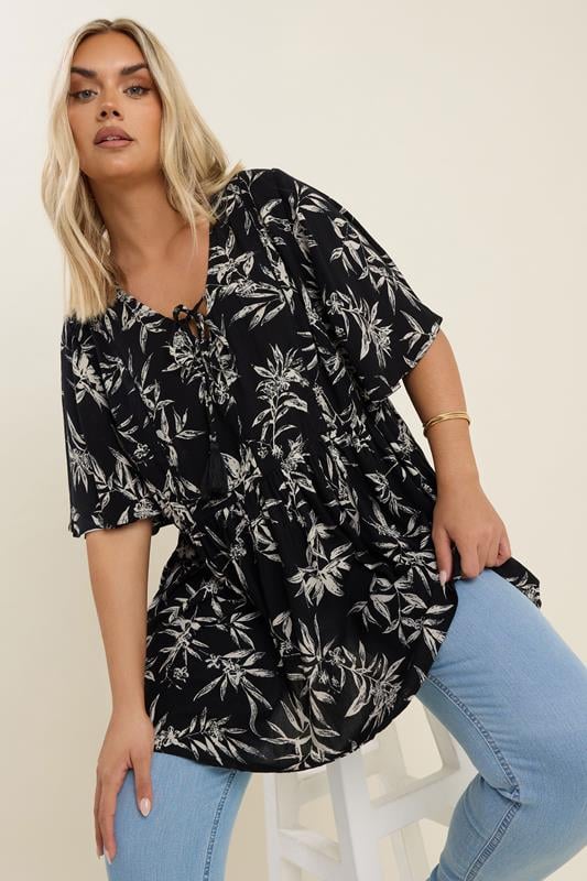 evans YOURS Curve Black & White Palm Print Tie Neck Top