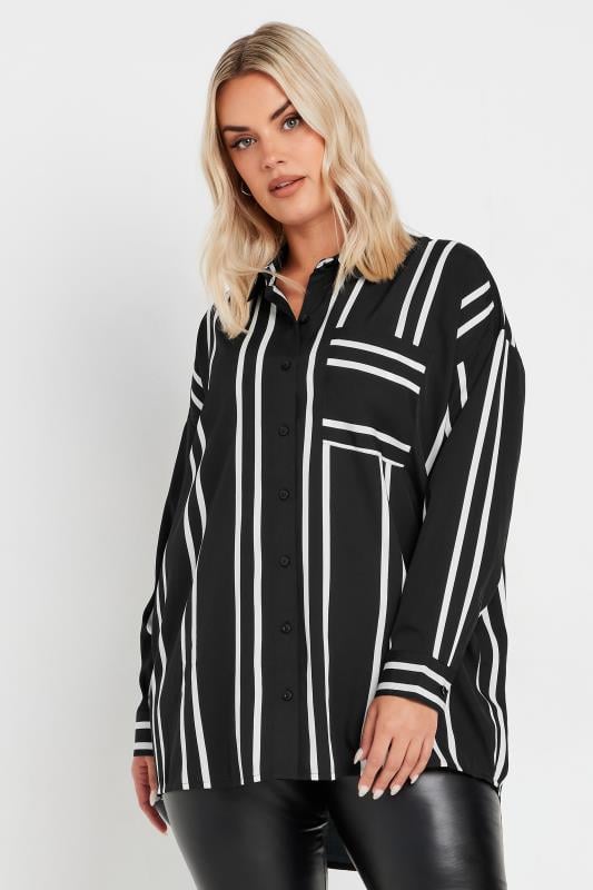 evans YOURS Curve Black & White Stripe Print Oversized Shirt