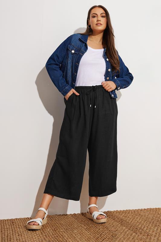 Evans YOURS Curve Black Wide Leg Ankle Grazer Linen Trousers