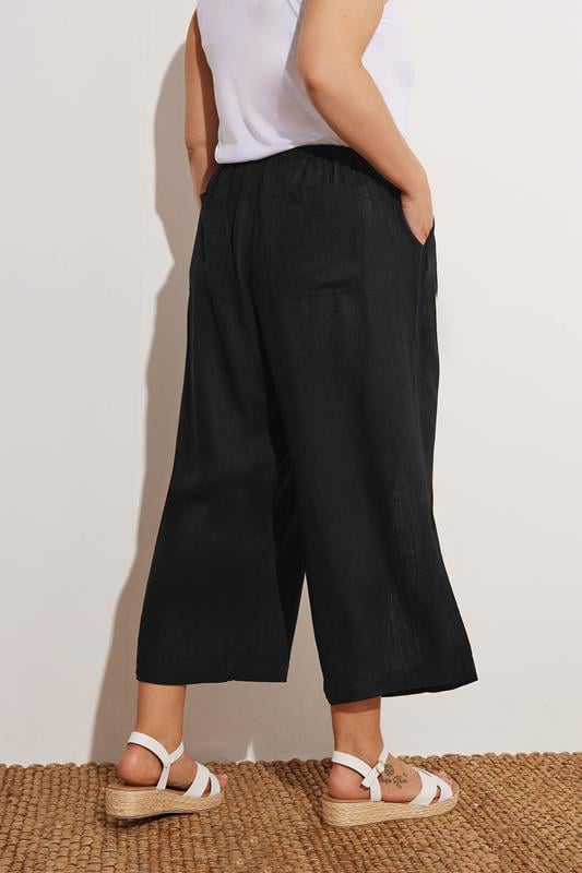 Evans YOURS Curve Black Wide Leg Ankle Grazer Linen Trousers
