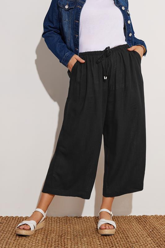 evans YOURS Curve Black Wide Leg Ankle Grazer Linen Trousers
