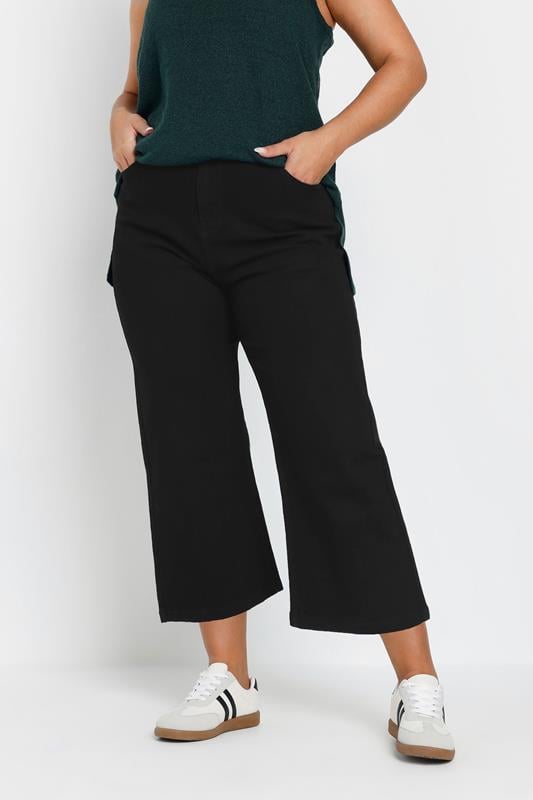 Evans YOURS Curve Black Wide Leg Cropped Denim Jeans