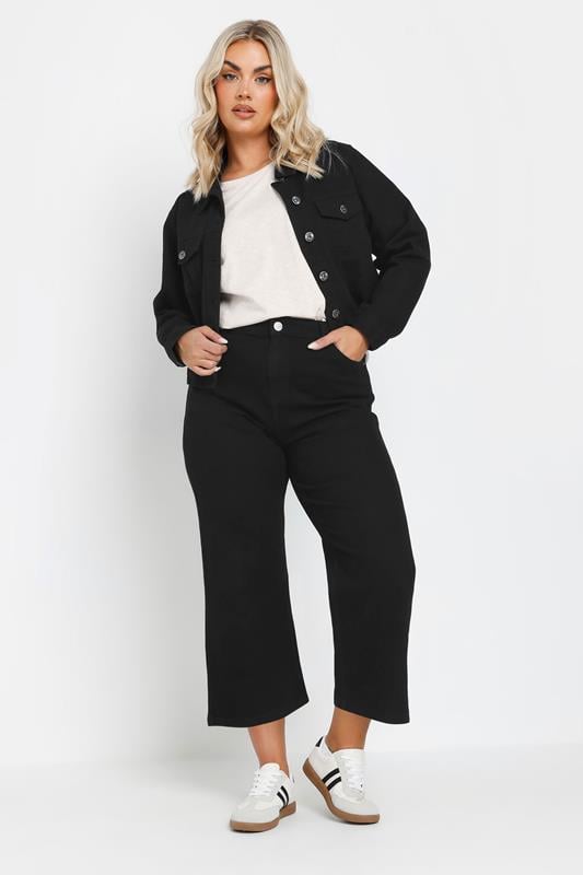 evans YOURS Curve Black Wide Leg Cropped Denim Jeans