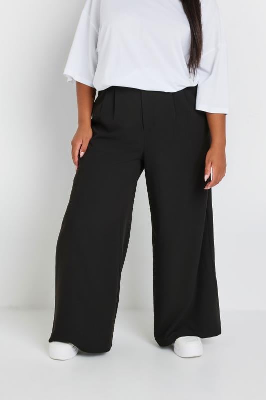 evans YOURS Curve Black Wide Leg Pleat Front Trousers