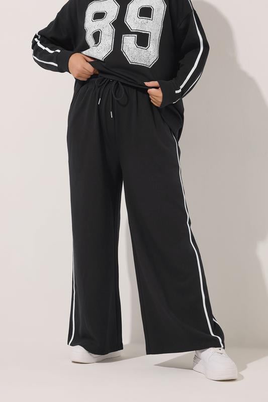 Evans YOURS Curve Black Wide Leg Side Stripe Joggers