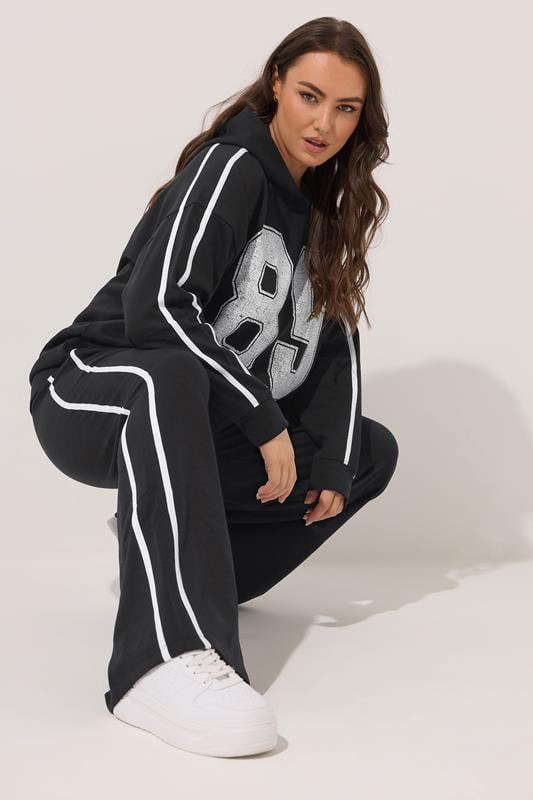 evans YOURS Curve Black Wide Leg Side Stripe Joggers