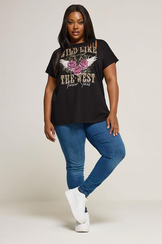 Evans YOURS Curve Black 'Wild West' Laser Cut Slogan T-Shirt