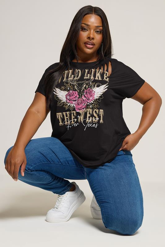 evans YOURS Curve Black 'Wild West' Laser Cut Slogan T-Shirt