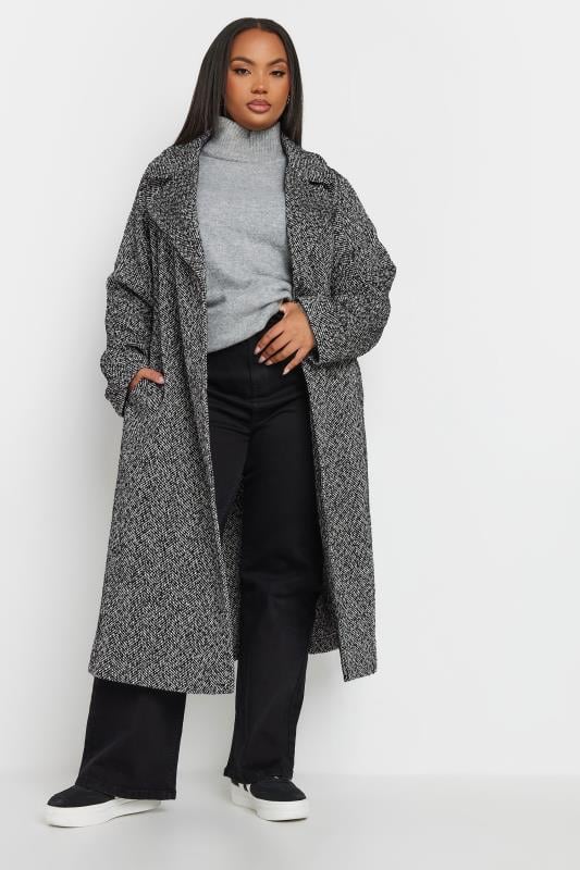 Evans YOURS Curve Black Woven Herringbone Belted Maxi Coat